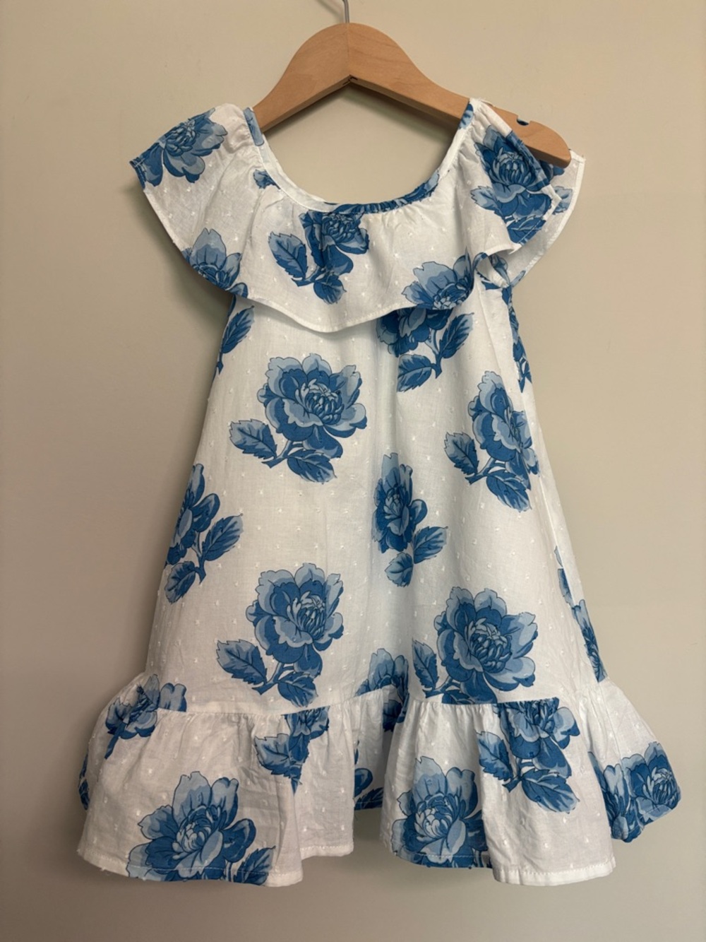 Janie and Jack White Dress with Blue Floral Print and Ruffle